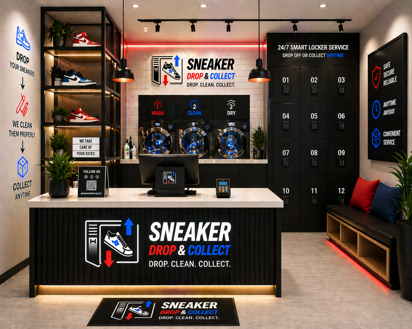 Inside the Sneaker Drop & Collect store with smart lockers, cleaning machines and sneaker display